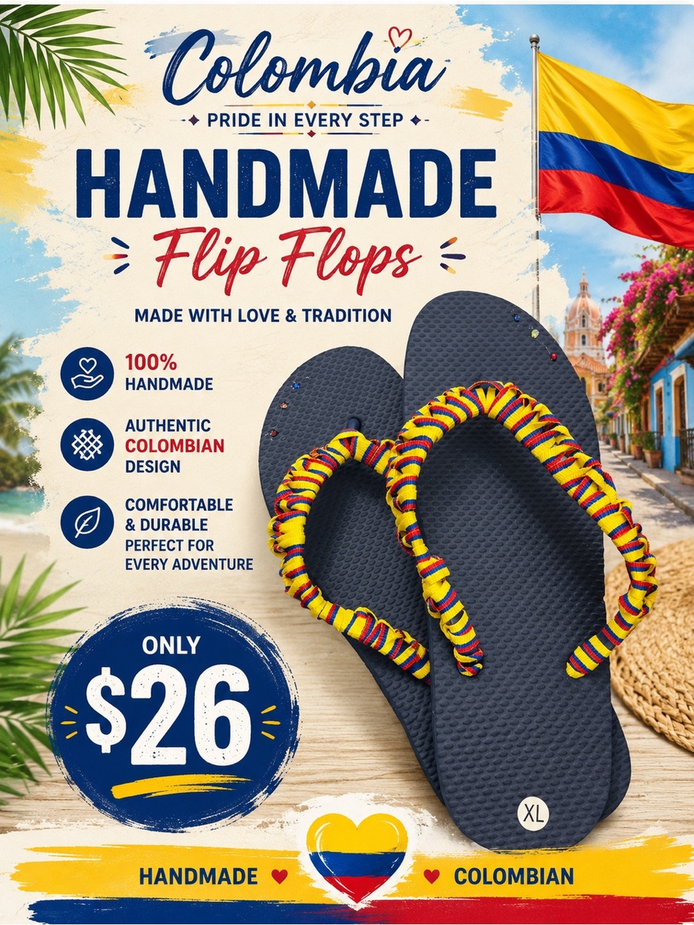 🩷. S-04. Handmade Colombian Flip Flops - Navy with Yellow & Red Accent
